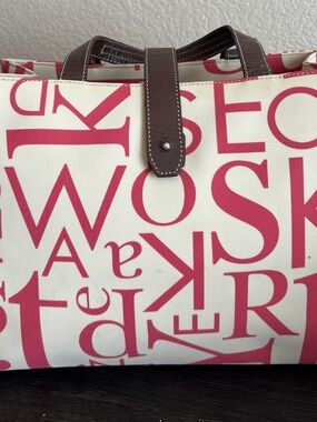 kate spade Cream Canvas Tote with Pink Logo Print and Brown Trim